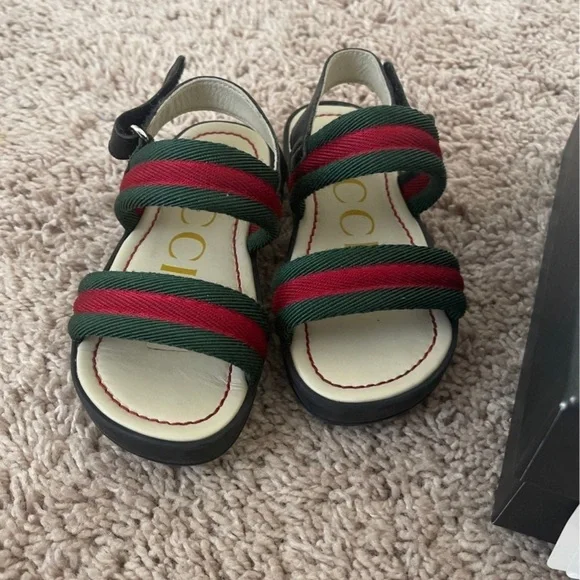 GUCCI kids Green/Red Vintage Web Nylon Open Toe Sandals Size 25/9C - Picture 3 of 12